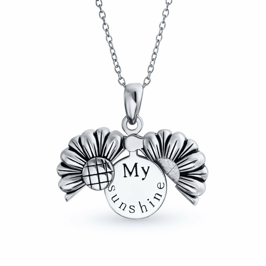 Shop Women Bling Jewelry Engravable Necklaces | My Sunshine Words Sunflower Locket Pendant Necklace Sterling Silver