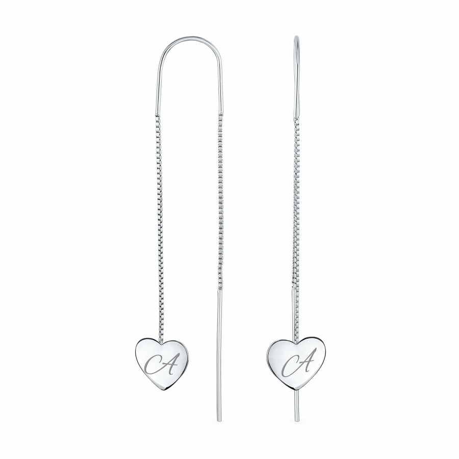 Shop Women Bling Jewelry Engravable Earrings | Script Initial Long Heart Chain Threader Earrings .925Sterling Silver