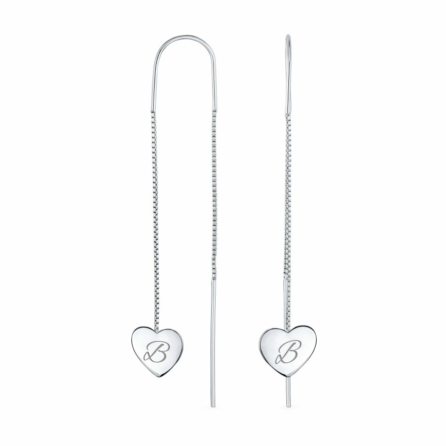 Shop Women Bling Jewelry Engravable Earrings | Script Initial Long Heart Chain Threader Earrings .925Sterling Silver