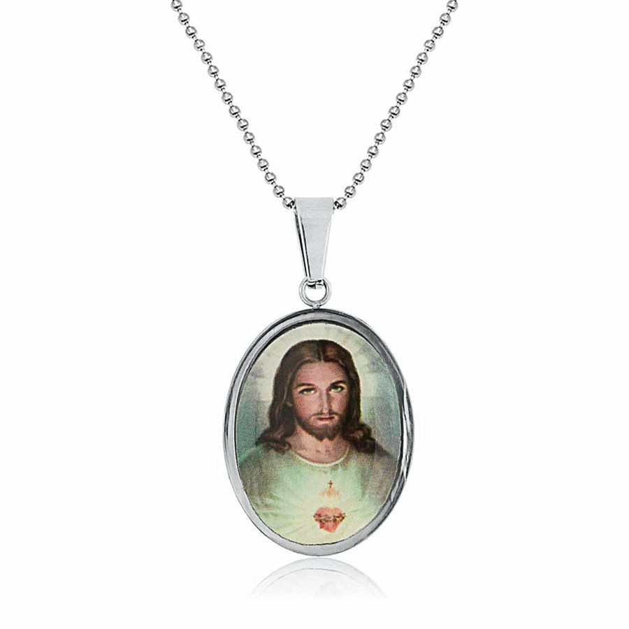 Shop Men Bling Jewelry Mens Engravable Necklaces | Mens Oval Religious Medal Medallion Sacred Heart Of Jesus Photo Pendant Silver Tone