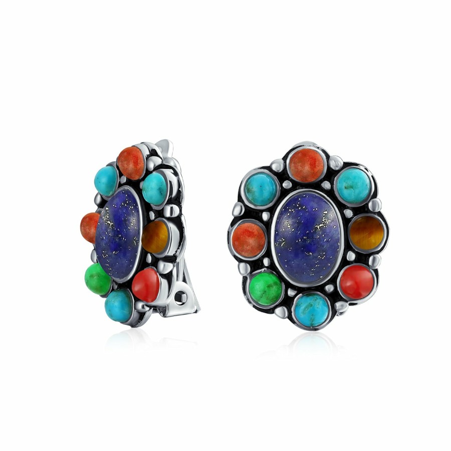 Shop Women Bling Jewelry Clip On Earrings | Concho Lapis Turquoise Oval Multi Gemstones Western Clip On Earrings