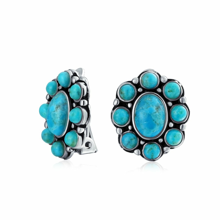 Shop Women Bling Jewelry Clip On Earrings | Concho Lapis Turquoise Oval Multi Gemstones Western Clip On Earrings