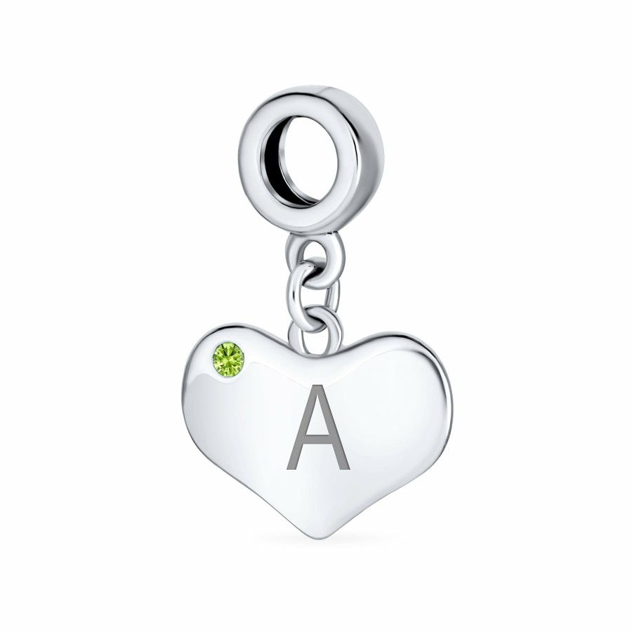 Shop Women Bling Jewelry Birthstone Beads | Lime Green Crystal Accent Heart Shaped Dangle Bead Charm .925 Silver