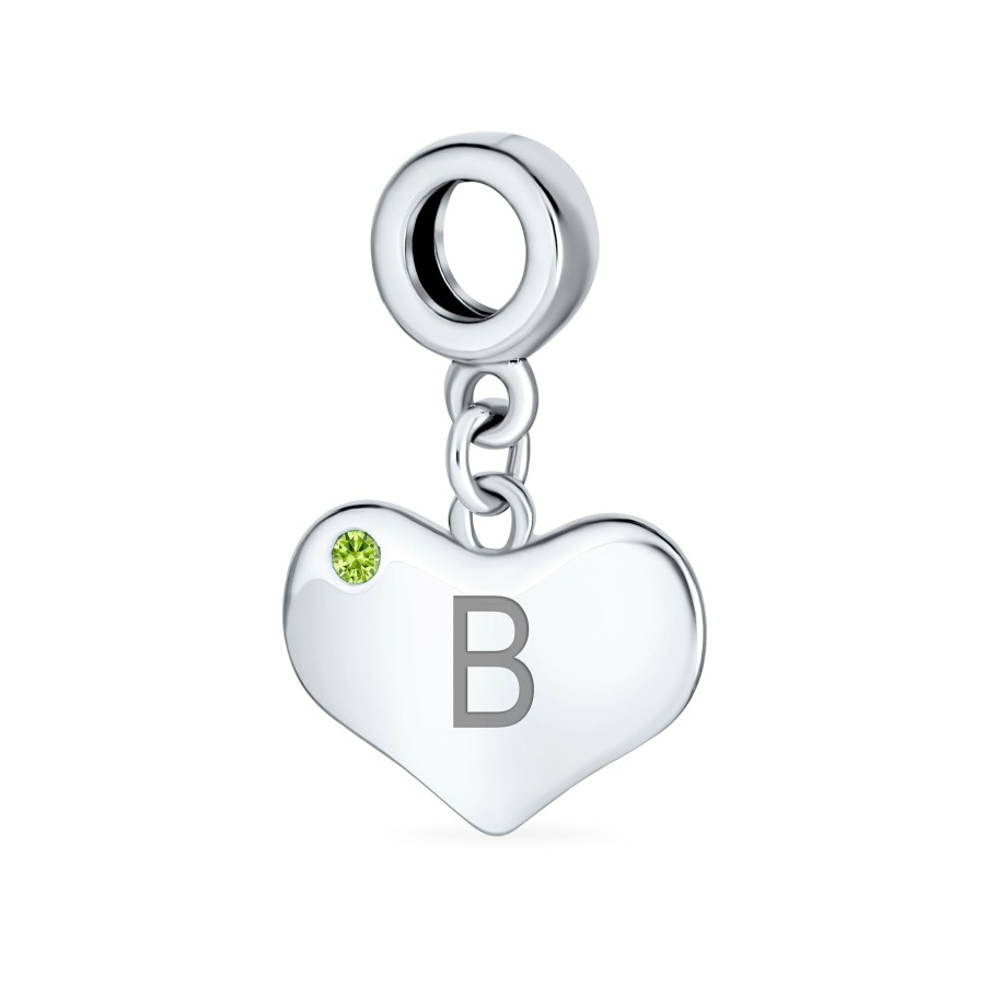 Shop Women Bling Jewelry Birthstone Beads | Lime Green Crystal Accent Heart Shaped Dangle Bead Charm .925 Silver