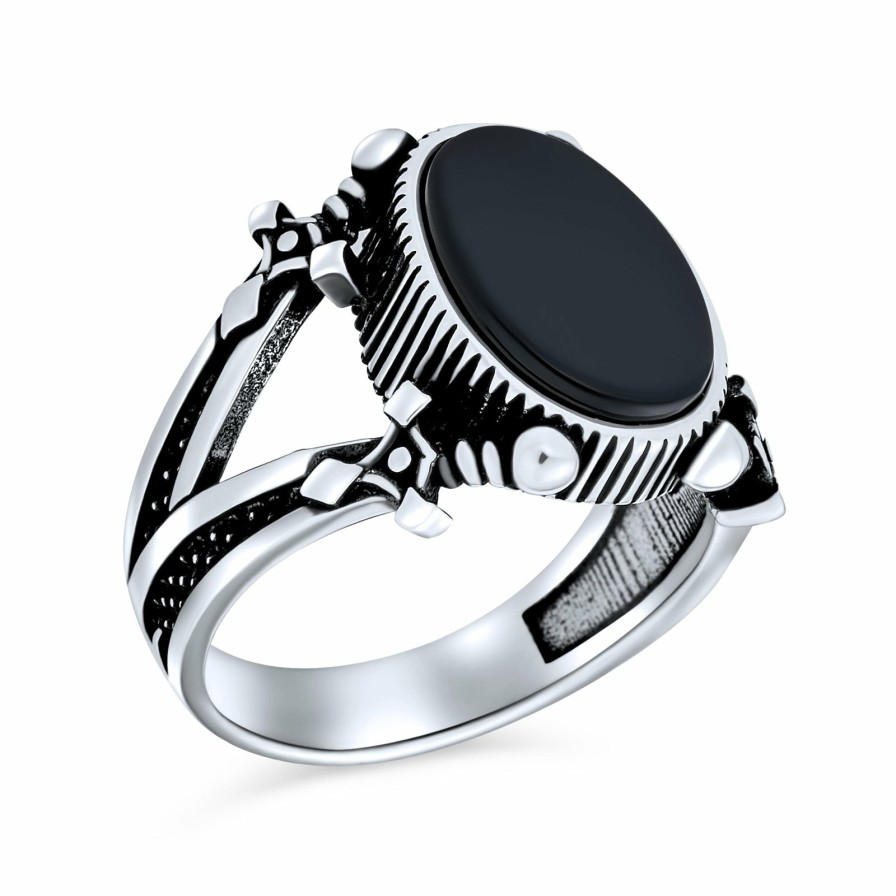 Shop Men Bling Jewelry Mens Rings | Mens Double Swords Shank Statement Oval Signet Ring Silver Black Onyx