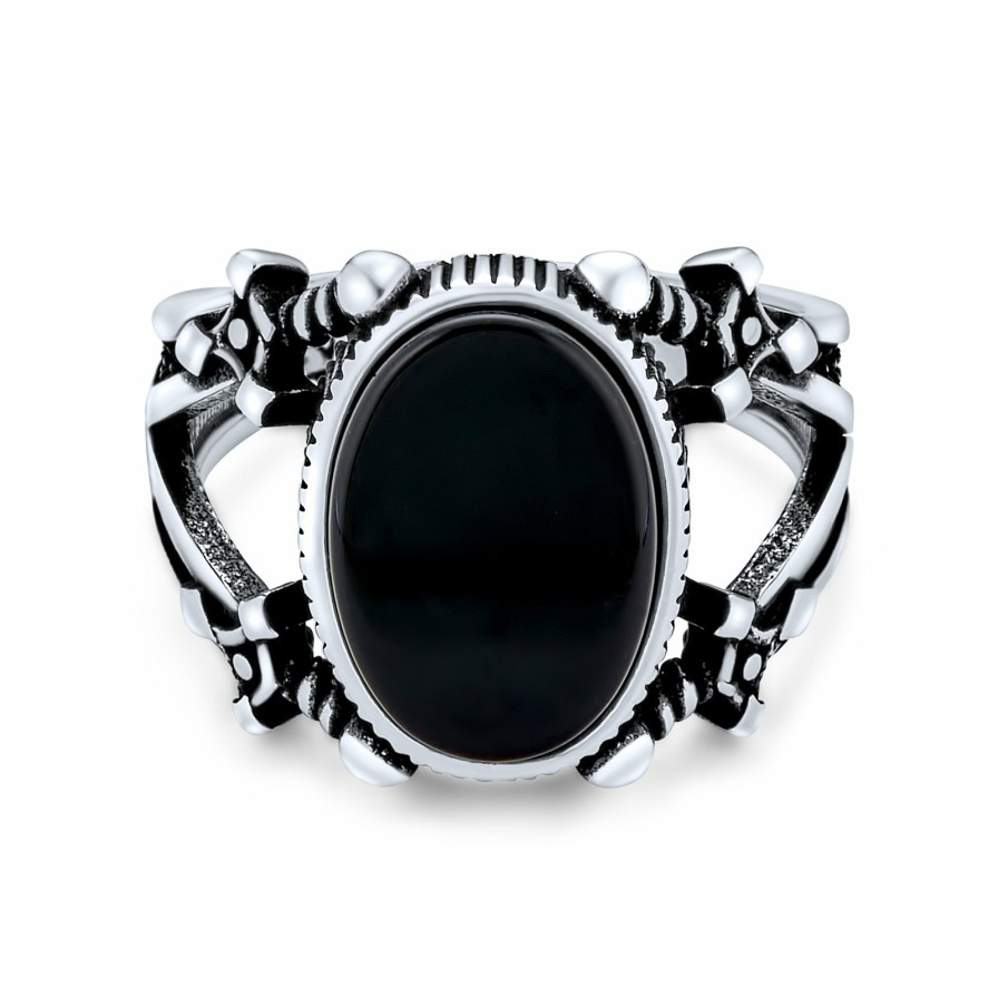 Shop Men Bling Jewelry Mens Rings | Mens Double Swords Shank Statement Oval Signet Ring Silver Black Onyx