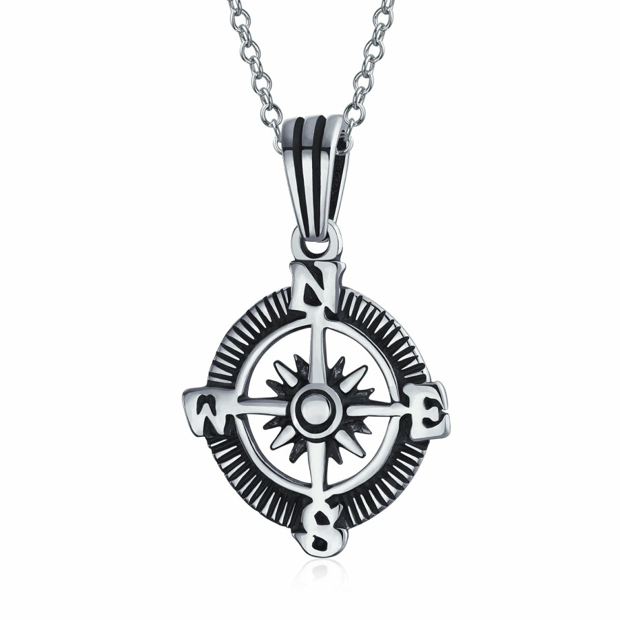 Shop Women Bling Jewelry Pendant Necklaces | Medallion Compass Pendant Necklace Earrings Two Tone Black Plated .925