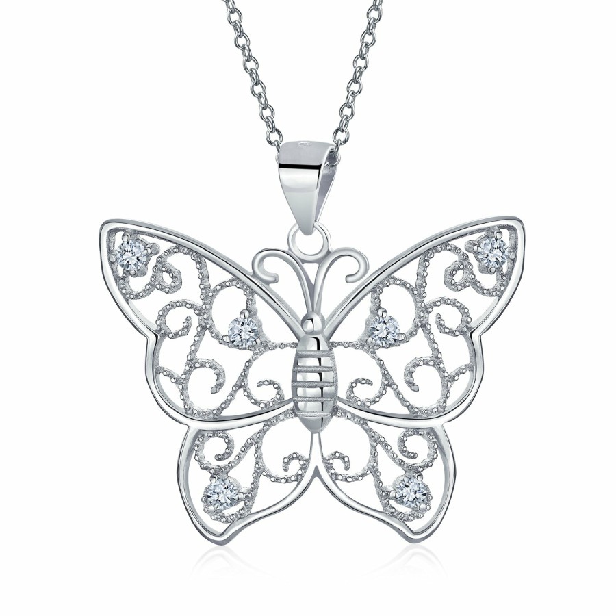 Shop Women Bling Jewelry Pendant Necklaces | Butterfly Necklace Filigree Cubic Zirconia Cz Pendant Sterling Silver