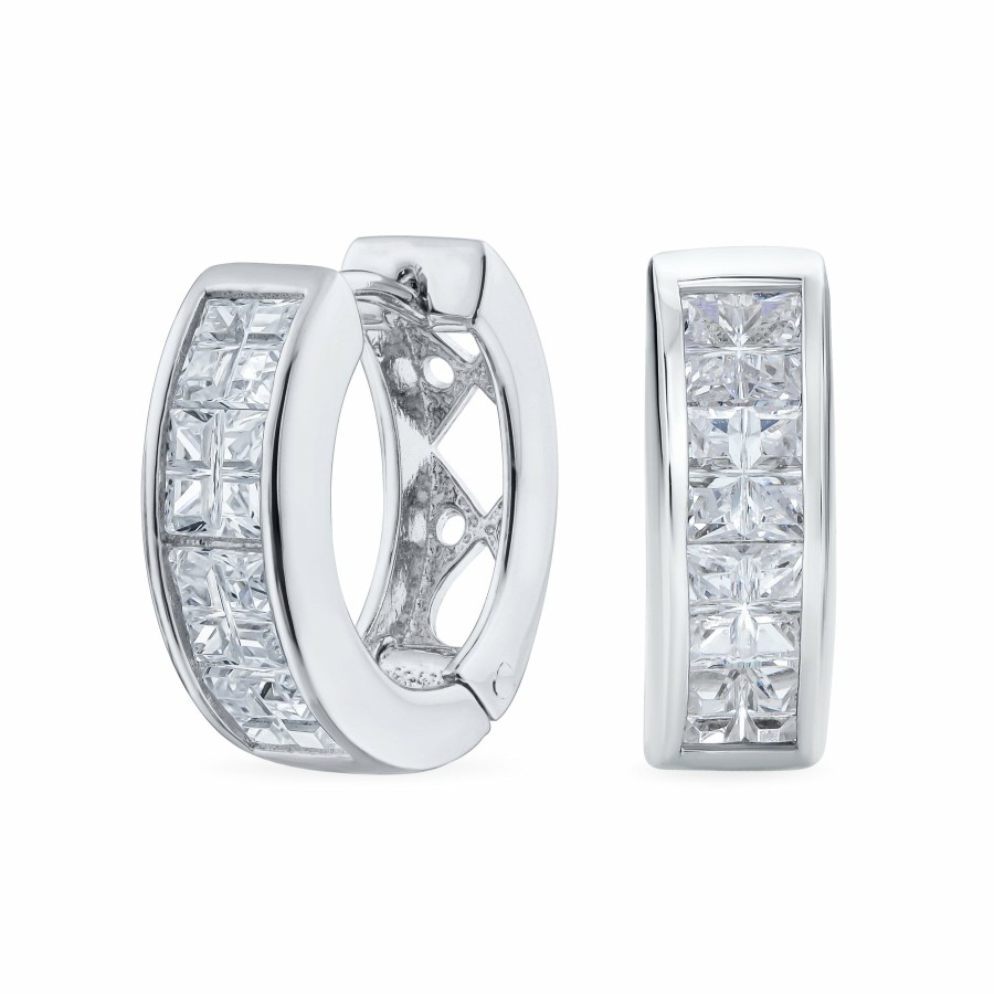 Shop Women Bling Jewelry Hoops Huggies Earrings | Small Princess Cut Cz Channel Set Hoop Huggie Earrings .925