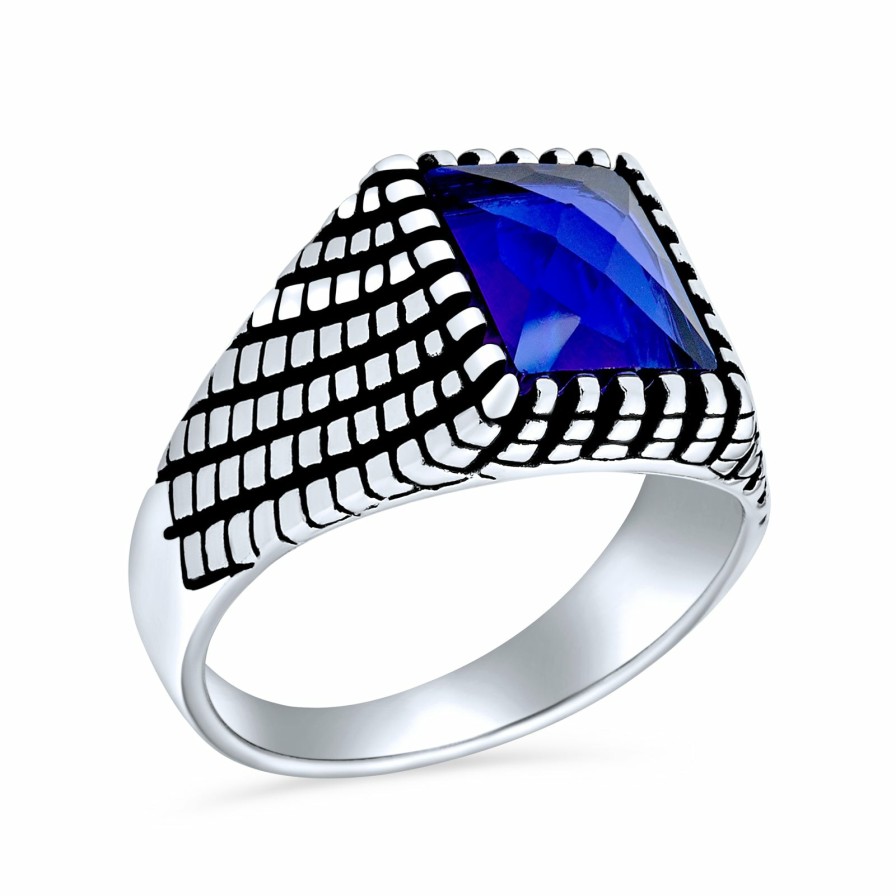 Shop Men Bling Jewelry Mens Engravable Rings | Mens Brick Accent Statement Rectangle Simulated Sapphire Cz Ring Blue