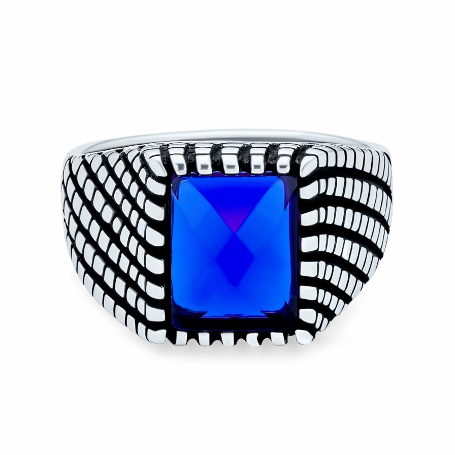 Shop Men Bling Jewelry Mens Engravable Rings | Mens Brick Accent Statement Rectangle Simulated Sapphire Cz Ring Blue