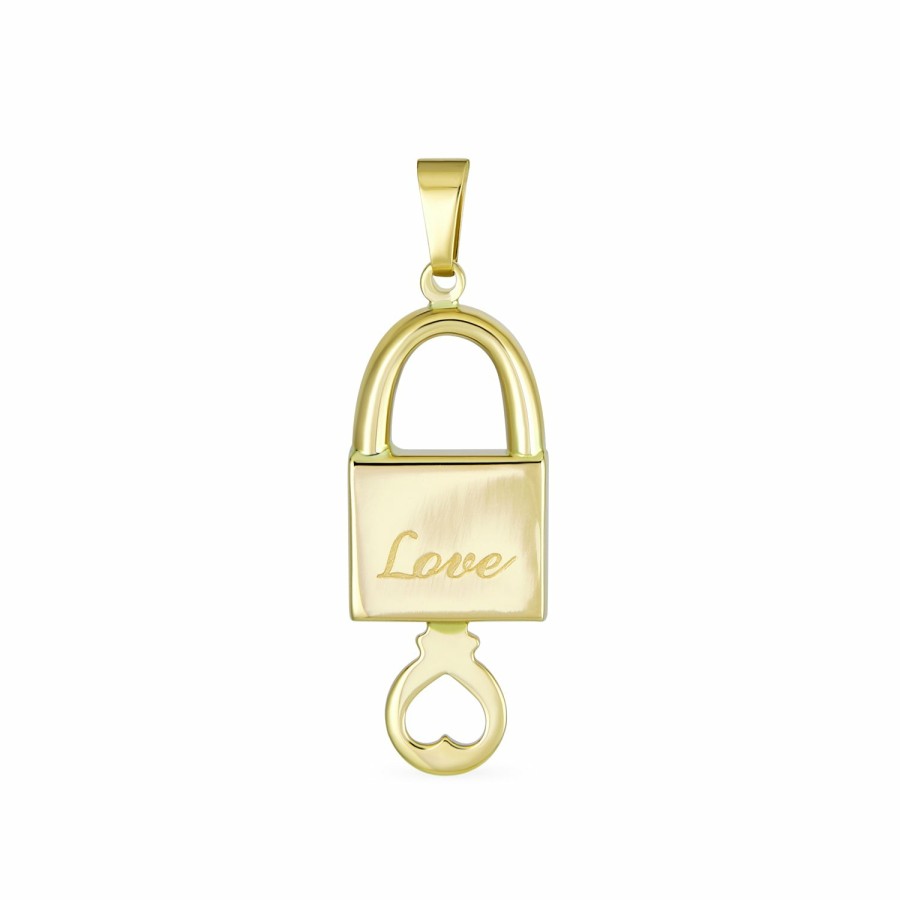 Shop Women Bling Jewelry Engravable Necklaces | Real 14K Yellow Gold "Love" Word Lock And Key Heart Pendant Necklace