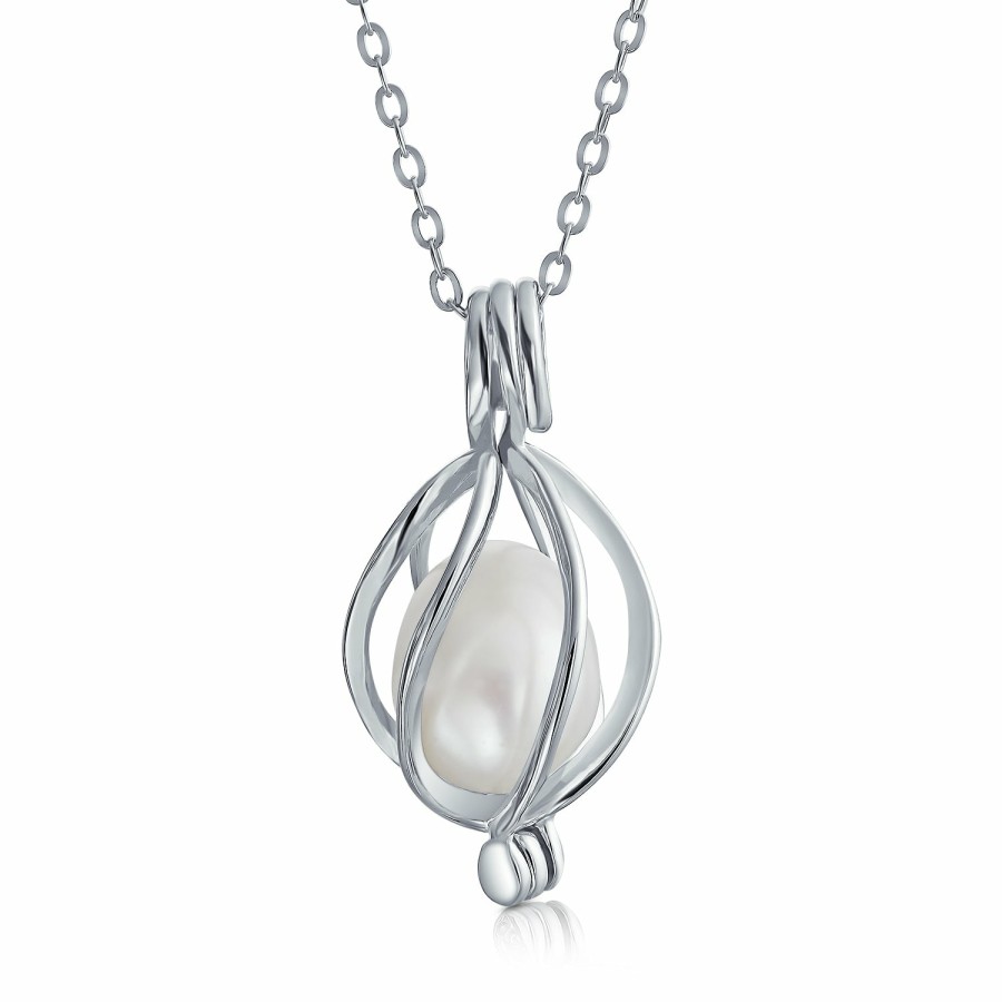 Shop Women Bling Jewelry Pendant Necklaces | Drop Pendant Freshwater Cultured Pearl Caged Sterling Silver 18"