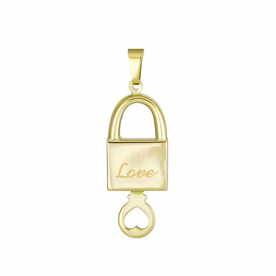 Shop Women Bling Jewelry Delicate Pendant Necklaces | Real 14K Yellow Gold "Love" Word Lock And Key Heart Pendant Necklace