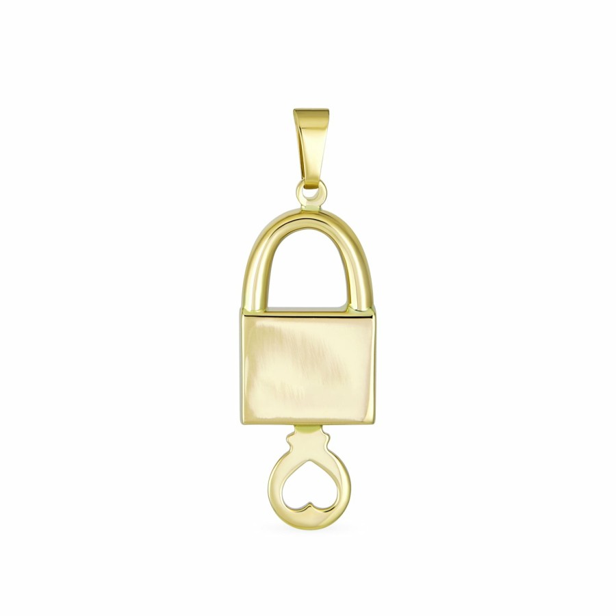 Shop Women Bling Jewelry Delicate Pendant Necklaces | Real 14K Yellow Gold "Love" Word Lock And Key Heart Pendant Necklace