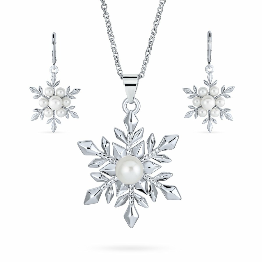 Shop Women Bling Jewelry Jewelry Sets | Crystal Pearl Snowflake Necklace Pendant Earrings Pin Brooch Jewelry Set