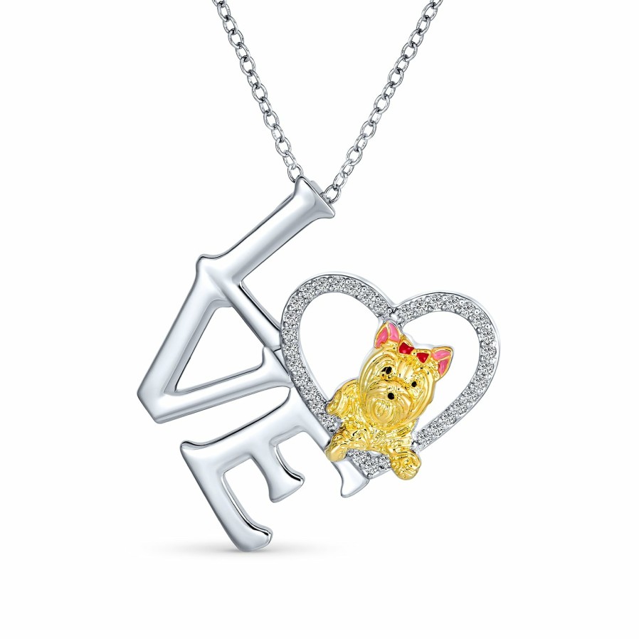 Shop Women Bling Jewelry Pendant Necklaces | Love Heart Yorkie Puppy Pet Dog Necklace Cz Gold Necklace