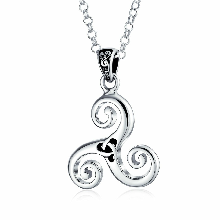 Shop Women Bling Jewelry Engravable Necklaces | Celtic Triskele Triquetra Spiral Knot Medallion Pendant Necklace Sterling