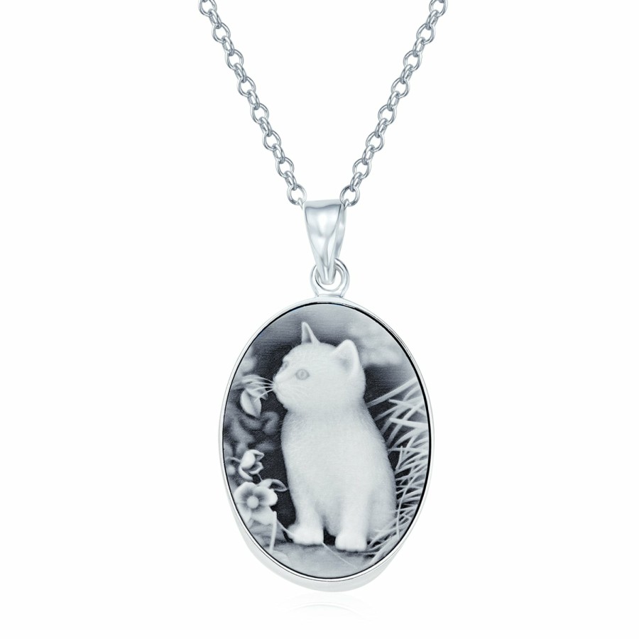 Shop Women Bling Jewelry Engravable Necklaces | Vintage Style Black Kitten Cat Cameo Necklace Sterling Silver