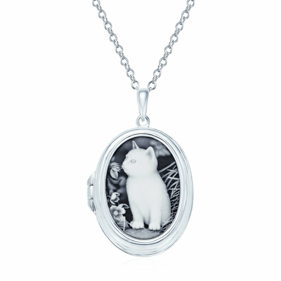 Shop Women Bling Jewelry Engravable Necklaces | Vintage Style Black Kitten Cat Cameo Necklace Sterling Silver