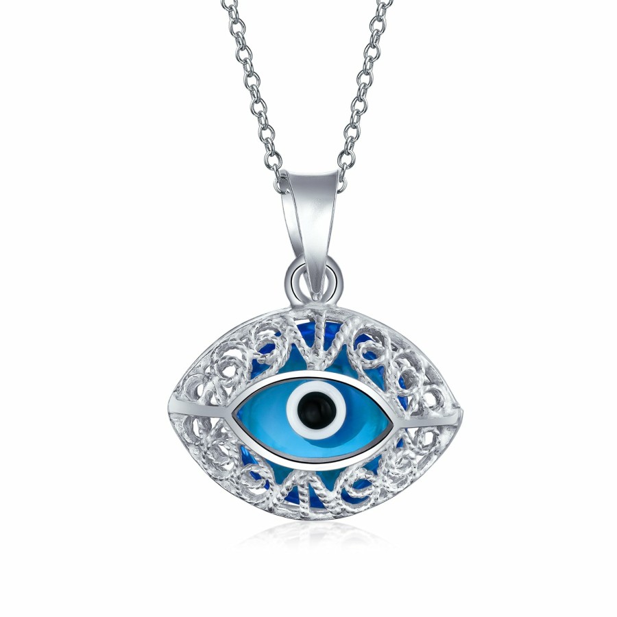 Shop Women Bling Jewelry Delicate Pendant Necklaces | Oval Round Evil Eye Filigree 925 Sterling Silver Pendant Necklace