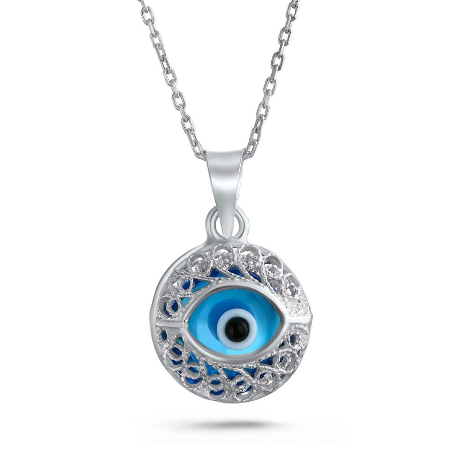 Shop Women Bling Jewelry Delicate Pendant Necklaces | Oval Round Evil Eye Filigree 925 Sterling Silver Pendant Necklace