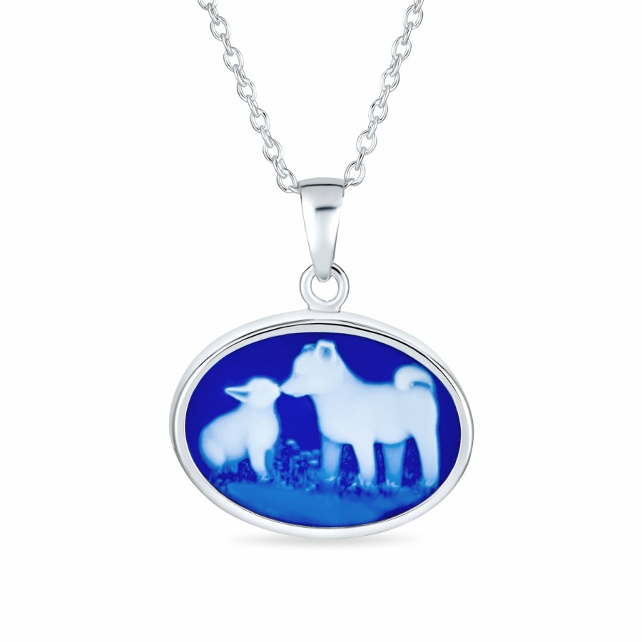 Shop Women Bling Jewelry Pendant Necklaces | Vintage Blue Carved Bff Cat & Dog Portrait Cameo Pendant Necklace