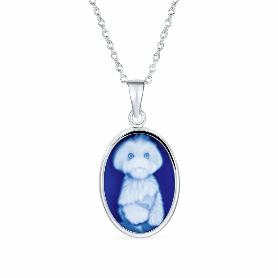 Shop Women Bling Jewelry Pendant Necklaces | Vintage Blue Carved Bff Cat & Dog Portrait Cameo Pendant Necklace