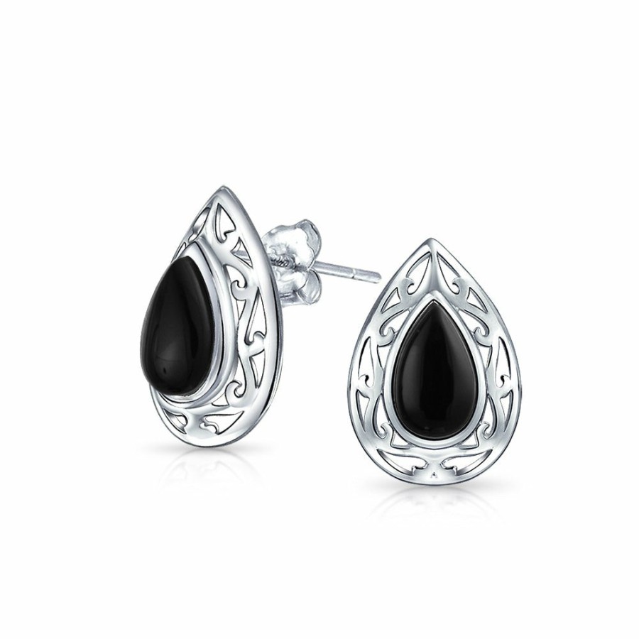 Shop Women Bling Jewelry Dangle Drop Earrings | Gemstone Onyx Lapis Teardrop Filigree Stud Earrings Silver