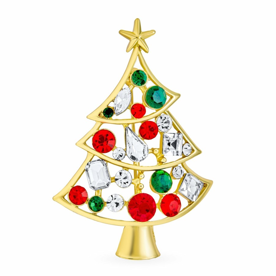 Shop Women Bling Jewelry Pins & Brooches | Large Statement Crystal Holly Christmas Tree & Bell Scarf Brooch Pin Plated