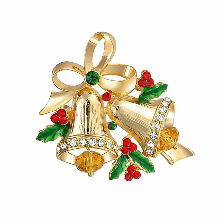 Shop Women Bling Jewelry Pins & Brooches | Large Statement Crystal Holly Christmas Tree & Bell Scarf Brooch Pin Plated