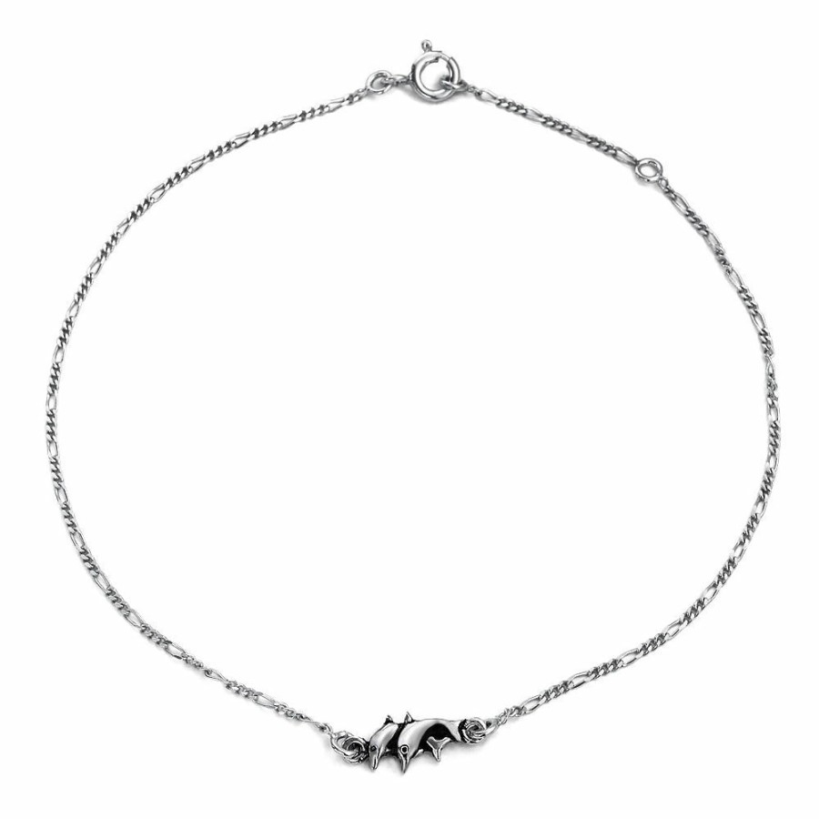 Shop Women Bling Jewelry Delicate Bracelets | Nautical Dolphin Anklet Figaro Chain Ankle Bracelet Sterling Silver