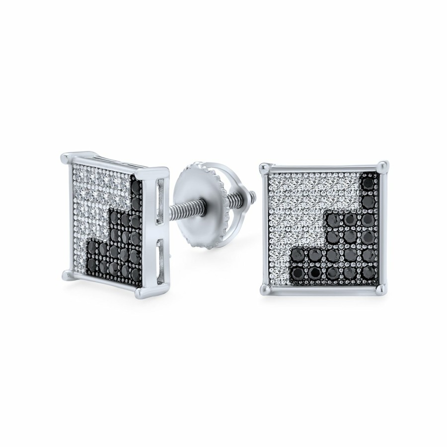 Shop Men Bling Jewelry Mens Earrings | Black Blue Zig Zag Square Micro Pave Cz Stud Earrings Sterling Silver