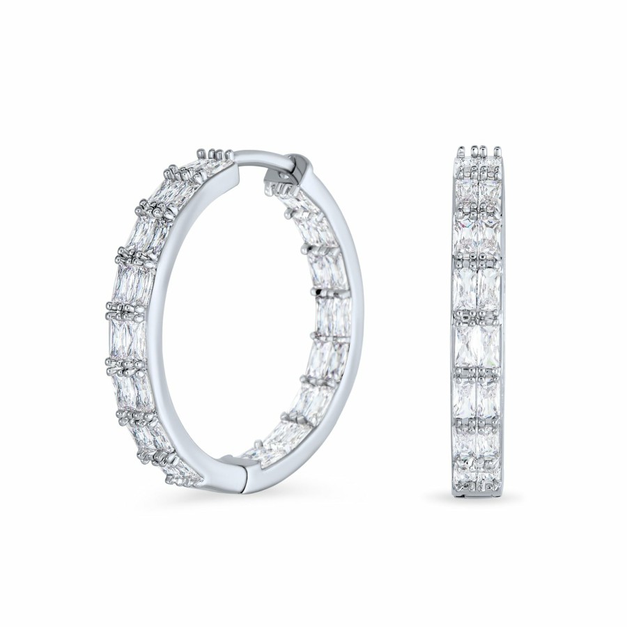 Shop Women Bling Jewelry Hoops Huggies Earrings | Inside Out Brilliant Emerald Cut Aaa Cz Hoop Earrings Silver Plated