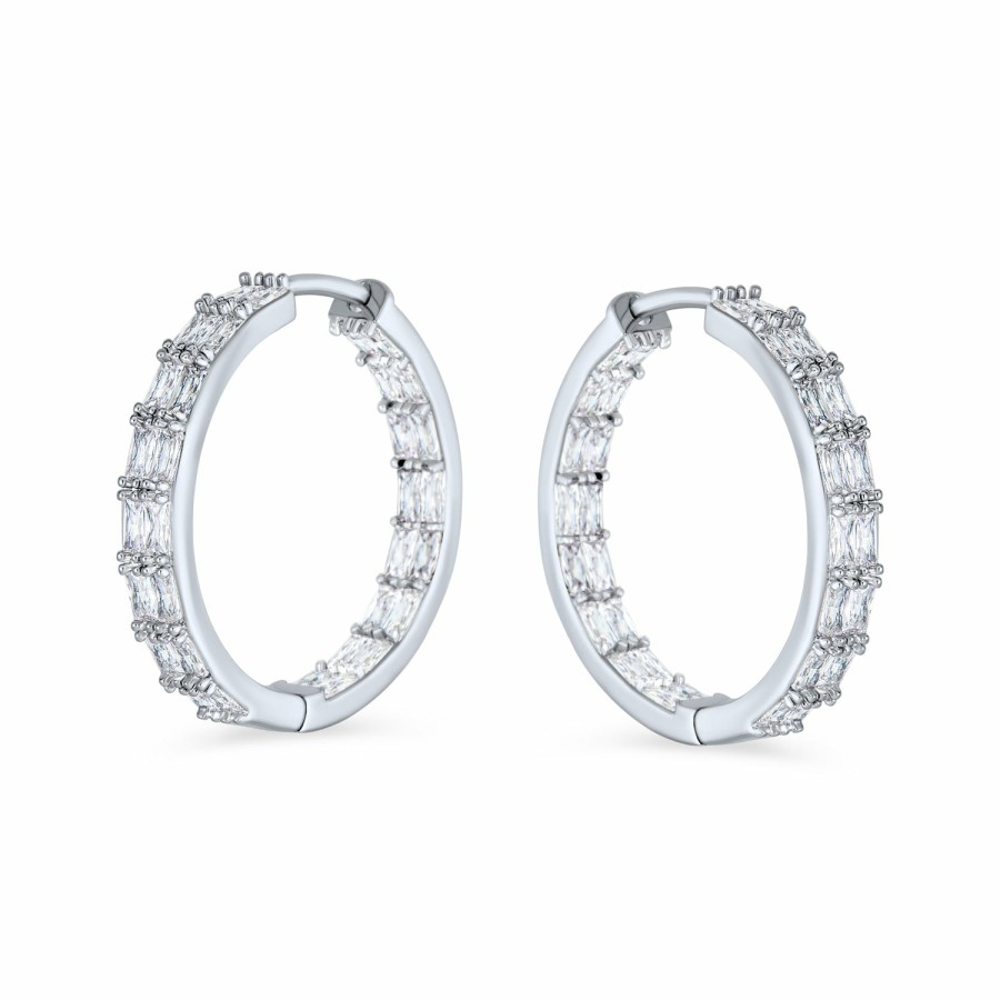 Shop Women Bling Jewelry Hoops Huggies Earrings | Inside Out Brilliant Emerald Cut Aaa Cz Hoop Earrings Silver Plated