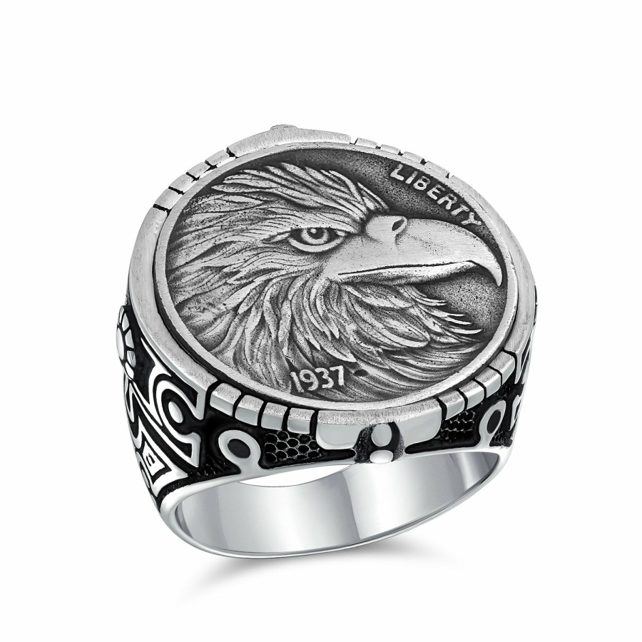 Shop Men Bling Jewelry Mens Engravable Rings | Men'S Statement Patriotic Usa American Symbol Bald Eagle Head Coin Signet Ring