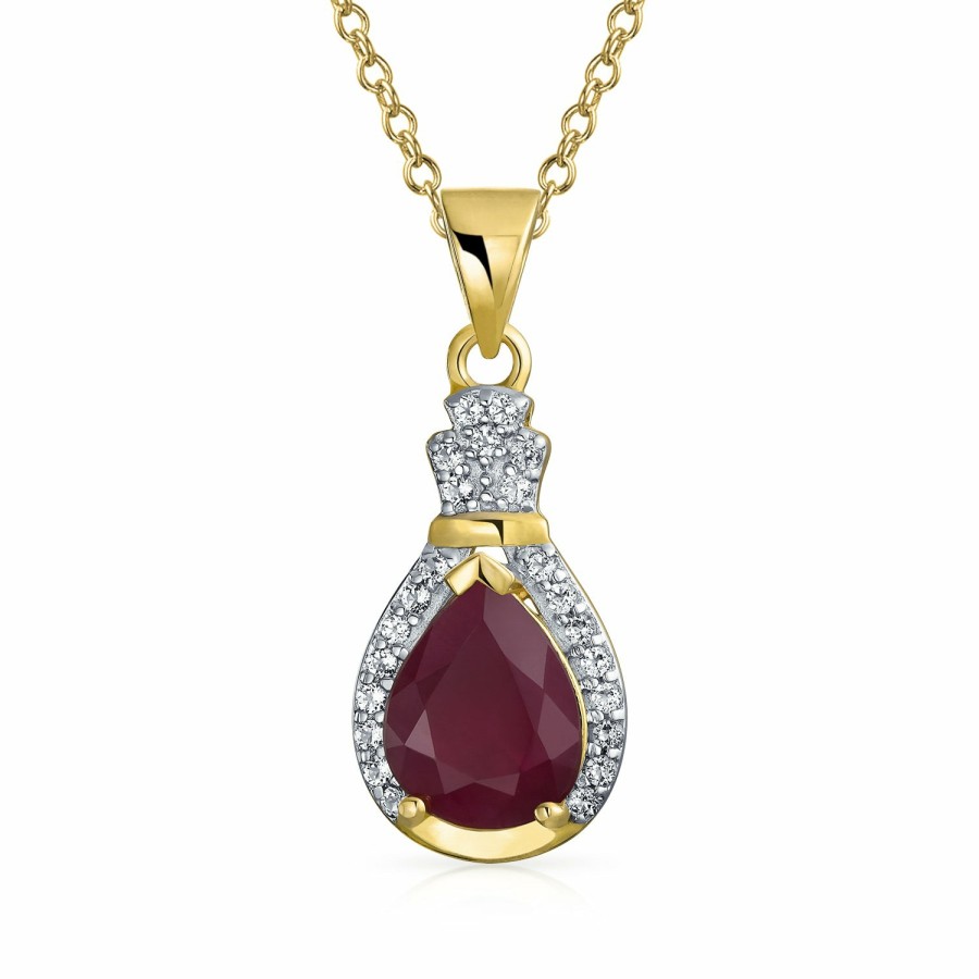 Shop Women Bling Jewelry Pendant Necklaces | Pear Ruby Zircon Halo Pendant Necklace Yellow Gold Plated Silver