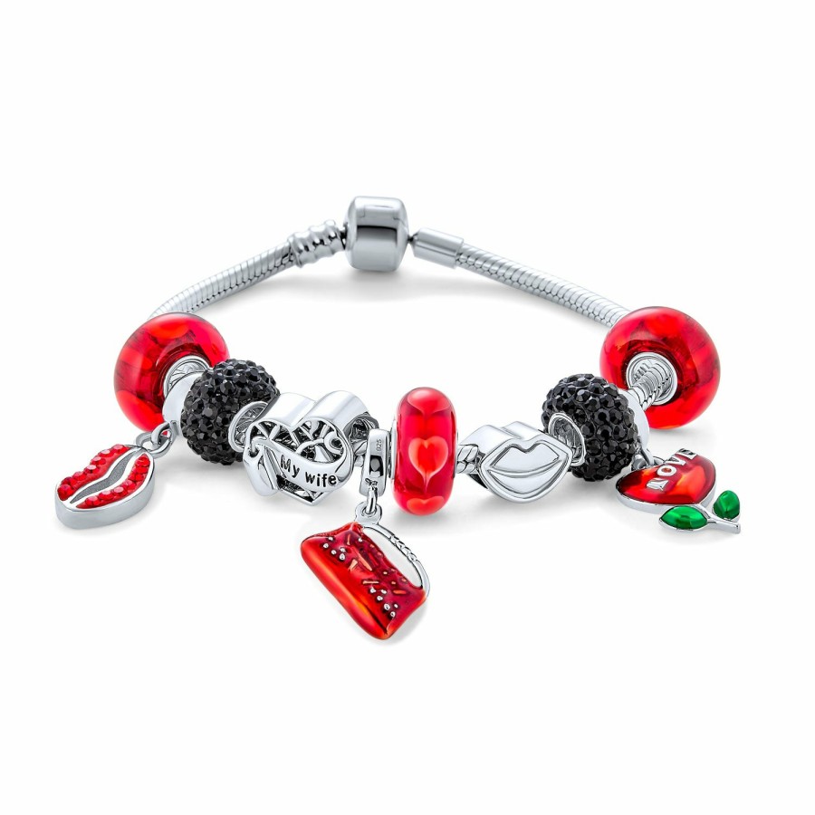 Shop Women Bling Jewelry | Kiss Lip Valentines Heart Wife Mom Bead Charm Bracelet .925 Silver