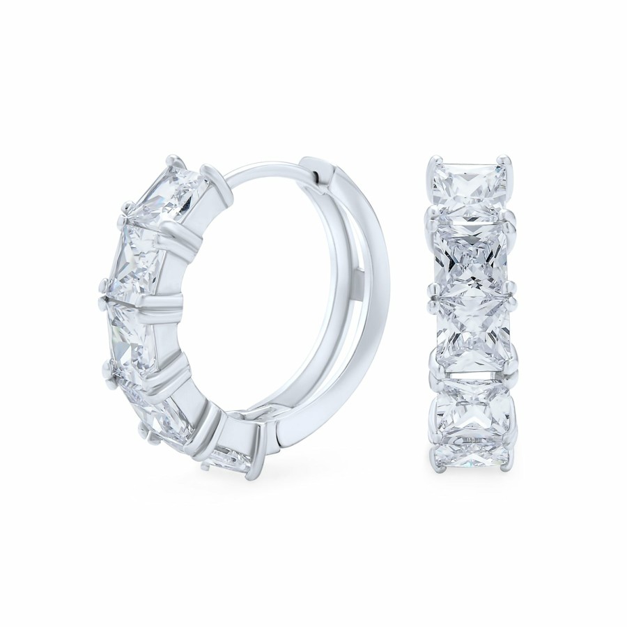 Shop Women Bling Jewelry Hoops Huggies Earrings | Small Baguette Cut Cz Channel Hoop Earrings .925 Sterling