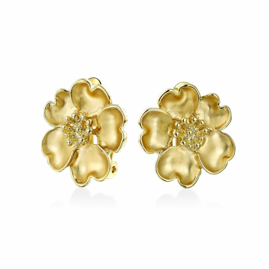 Shop Women Bling Jewelry Clip On Earrings | Heart Petals Flower Cz Clip On Earring Ears Matte Gold Plated Brass