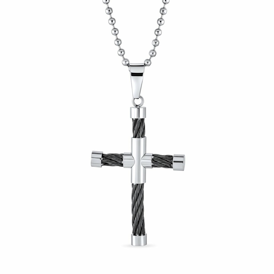 Shop Men Bling Jewelry Mens Pendants & Dog Tags | Black Cable Cross Pendant Unisex Black Silver Stainless Steel Bead