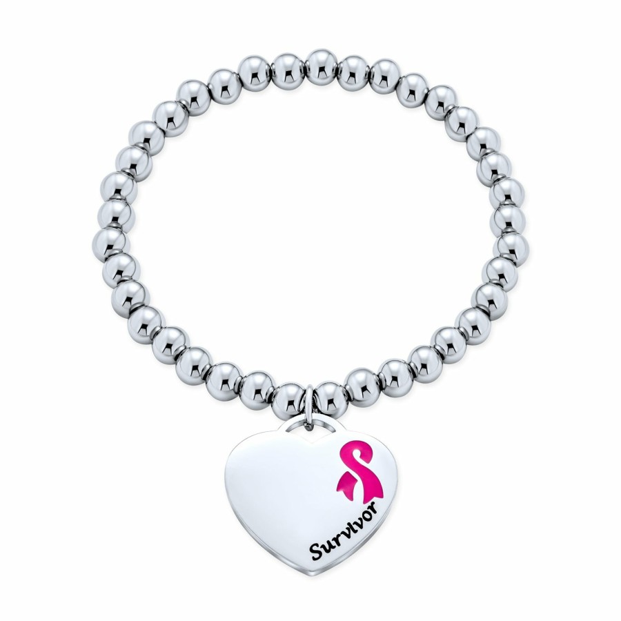 Shop Women Bling Jewelry Engravable Bracelets | Personalize Pink Cancer Ribbon Heart Medical Alert Id Stretch Bracelet