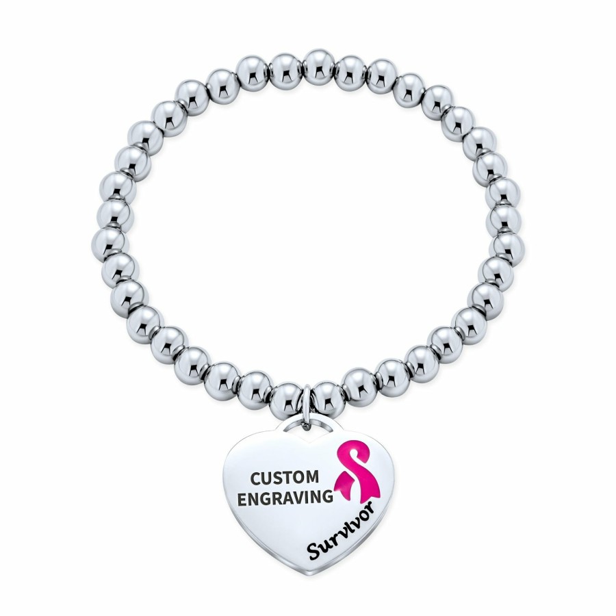 Shop Women Bling Jewelry Engravable Bracelets | Personalize Pink Cancer Ribbon Heart Medical Alert Id Stretch Bracelet