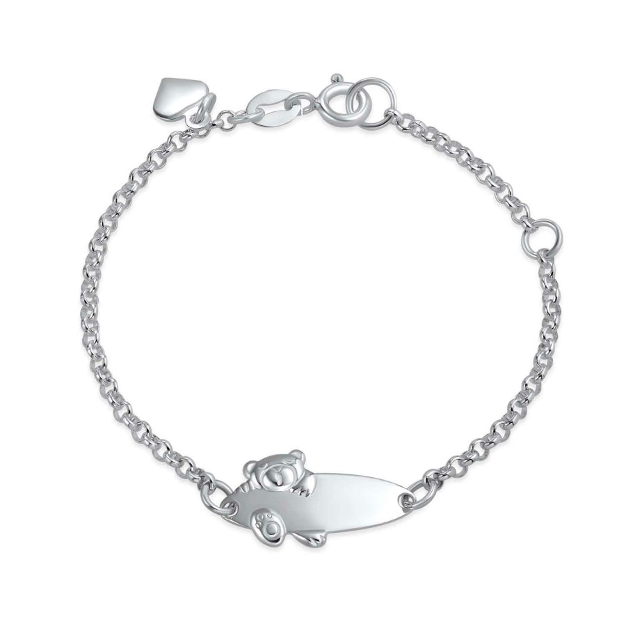 Shop Women Bling Jewelry Engravable Bracelets | Teddy Bear Id Bracelet Name Plated Bar Sterling Small Wrists Silver