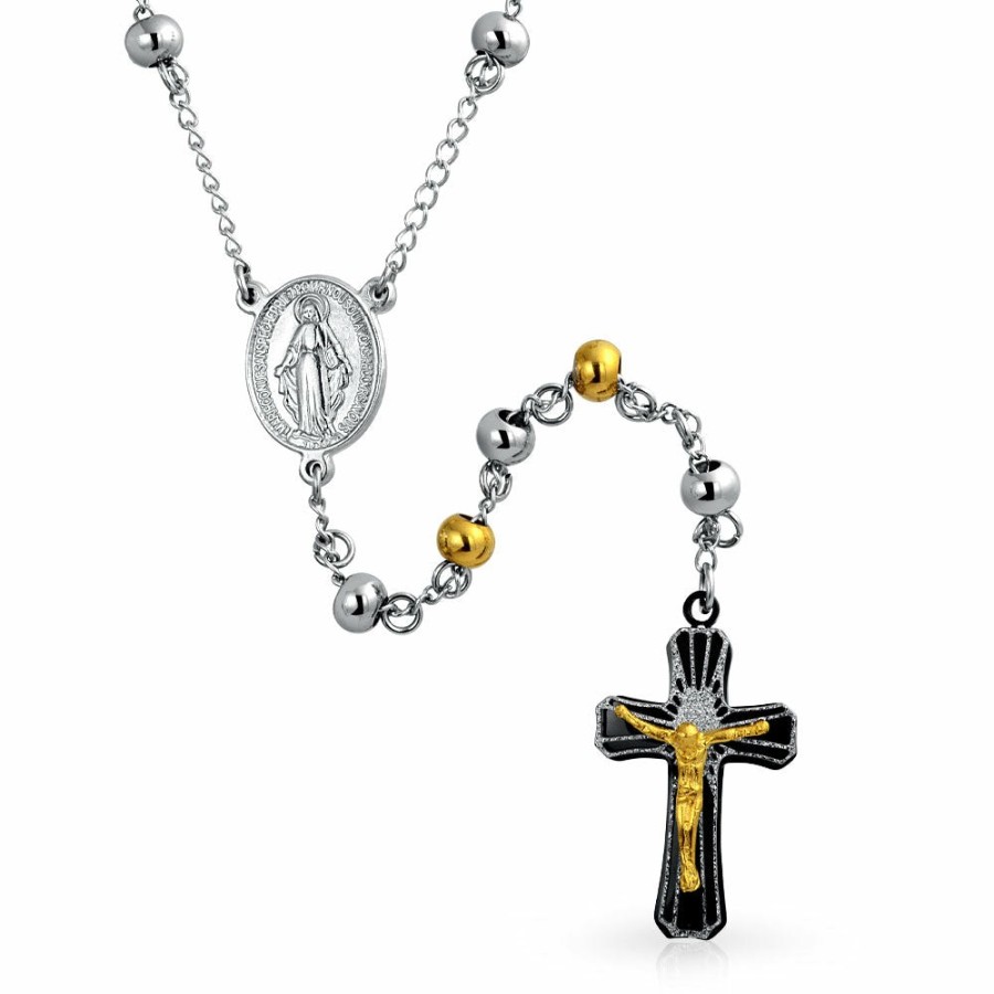 Shop Men Bling Jewelry Mens Pendants & Dog Tags | Mens Virgin Mary Rosary Crucifix Necklace Tri Color Stainless Steel