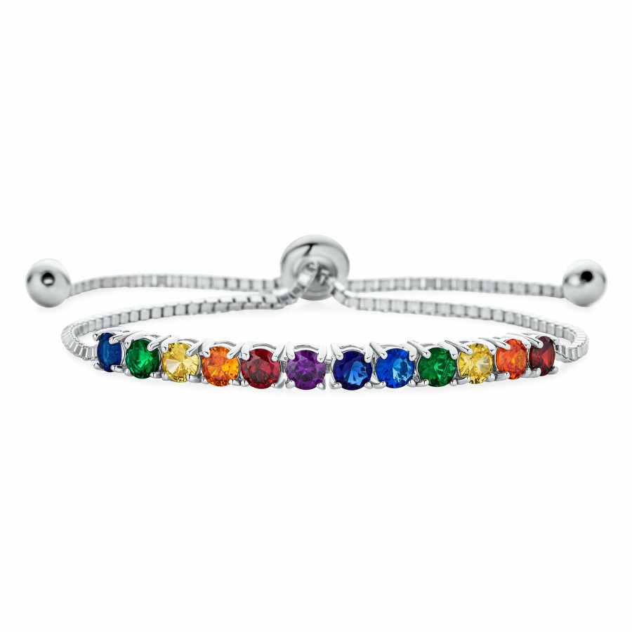 Shop Women Bling Jewelry Tennis Bracelets | Round Multicolor Lgbtq Rainbow Aaa Cz Tennis Bolo Style Bracelet Sterling Silver