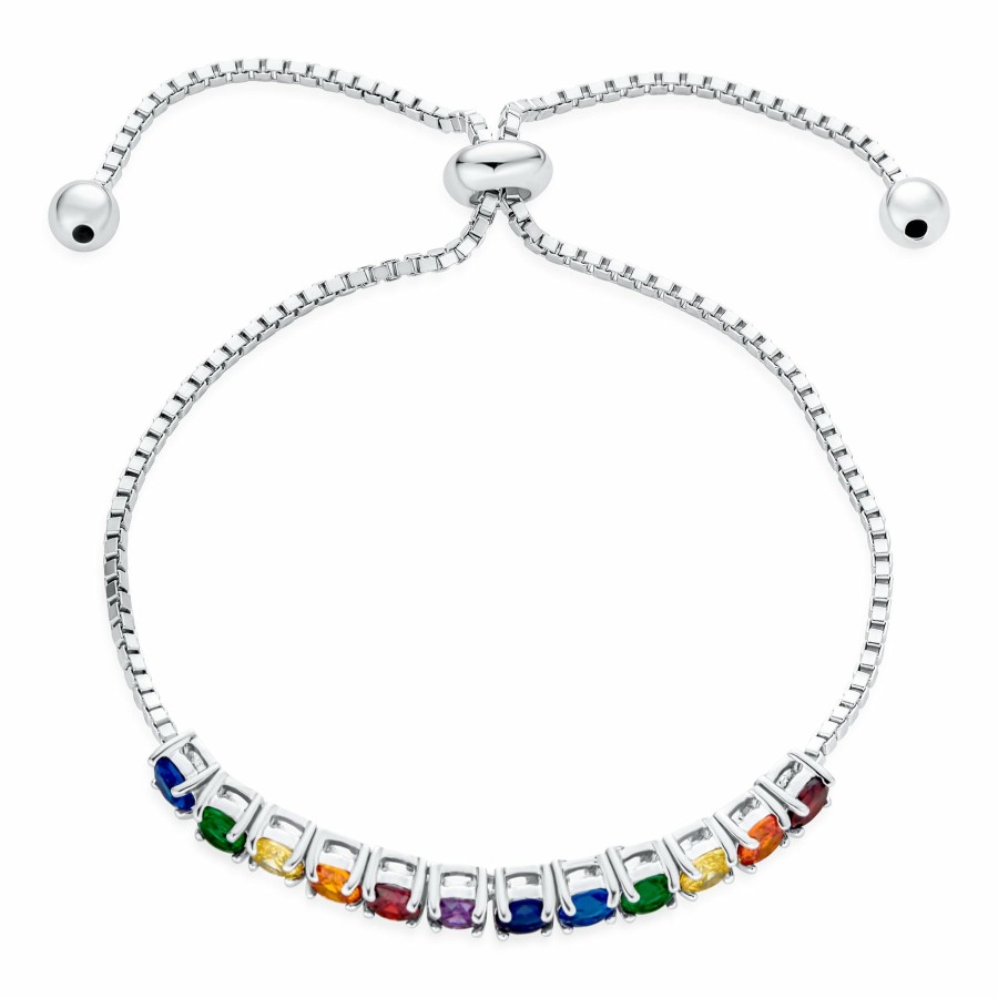 Shop Women Bling Jewelry Tennis Bracelets | Round Multicolor Lgbtq Rainbow Aaa Cz Tennis Bolo Style Bracelet Sterling Silver