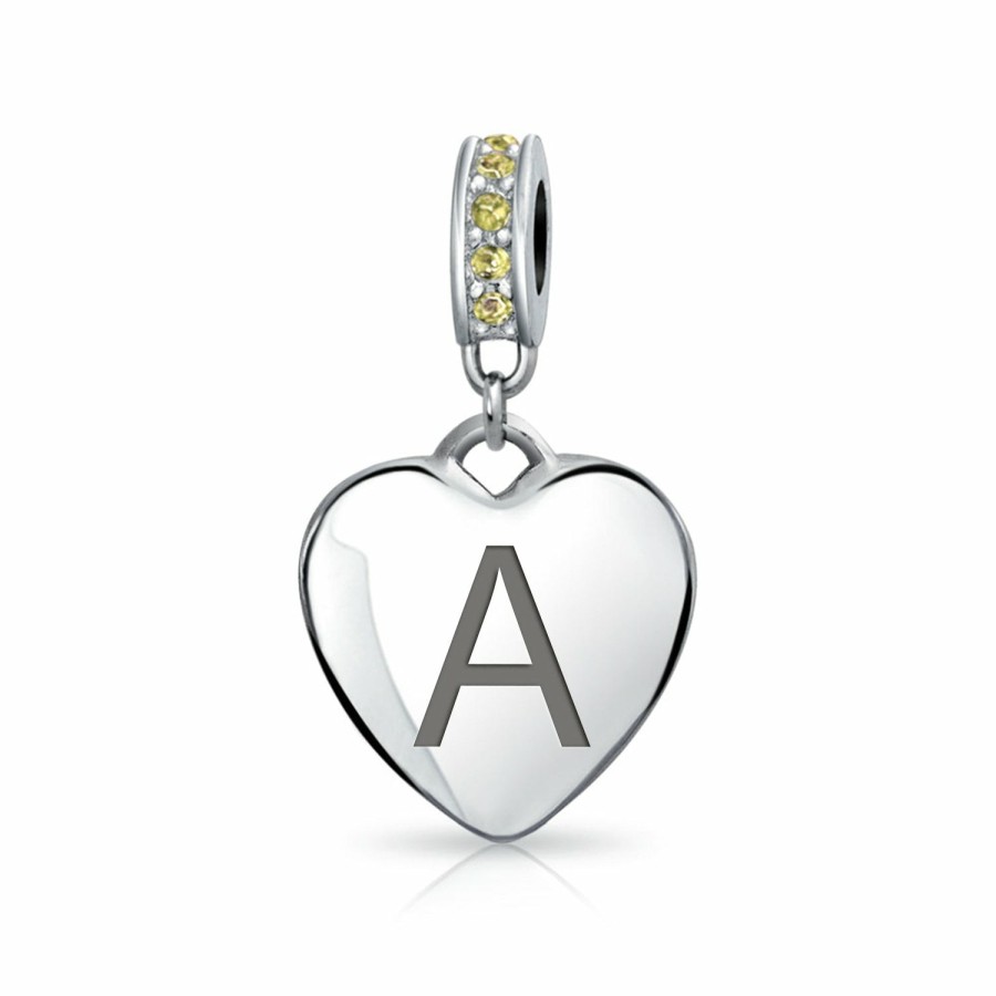 Shop Women Bling Jewelry Engravable Charms | Heart Dangle Bead Charm Crystal Yellow November .925 Sterling Silver