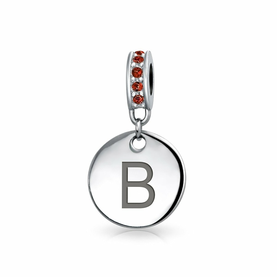 Shop Women Bling Jewelry Dangle Beads | Red Crystal Alphabet Initials Disc Dangle Circle Charm Bead .925 Silver