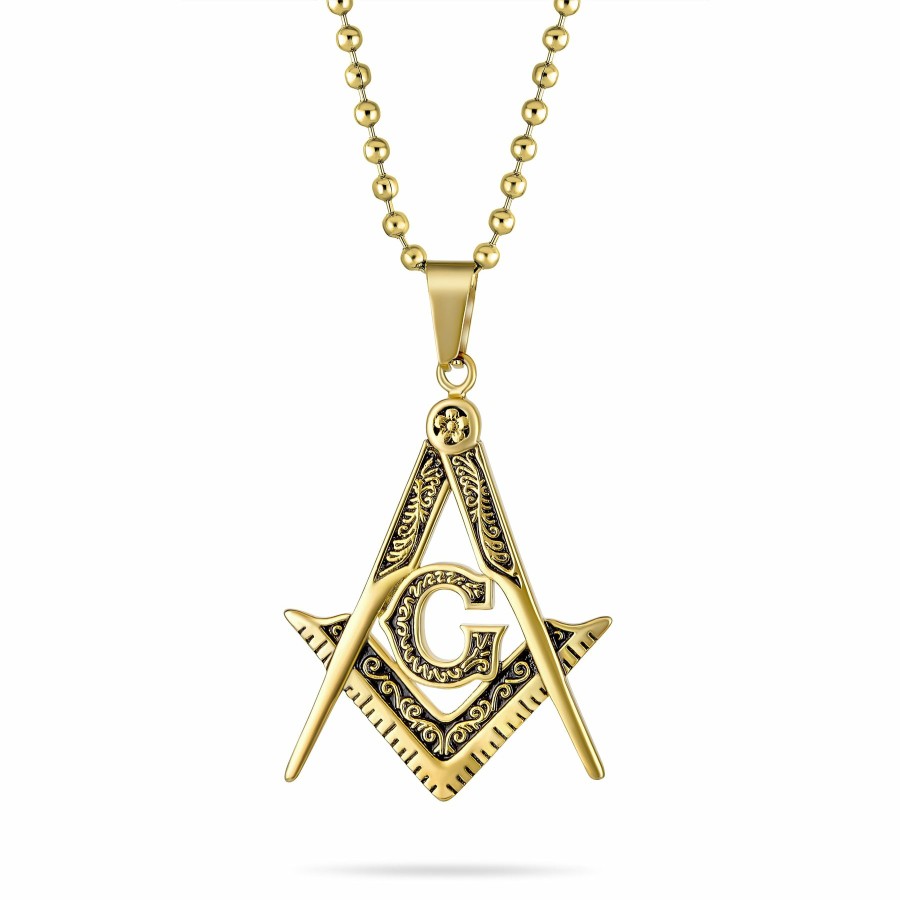 Shop Men Bling Jewelry Mens Pendants & Dog Tags | Compass Freemason Masonic Pendant Oxidized Silver Gold Stainless Steel